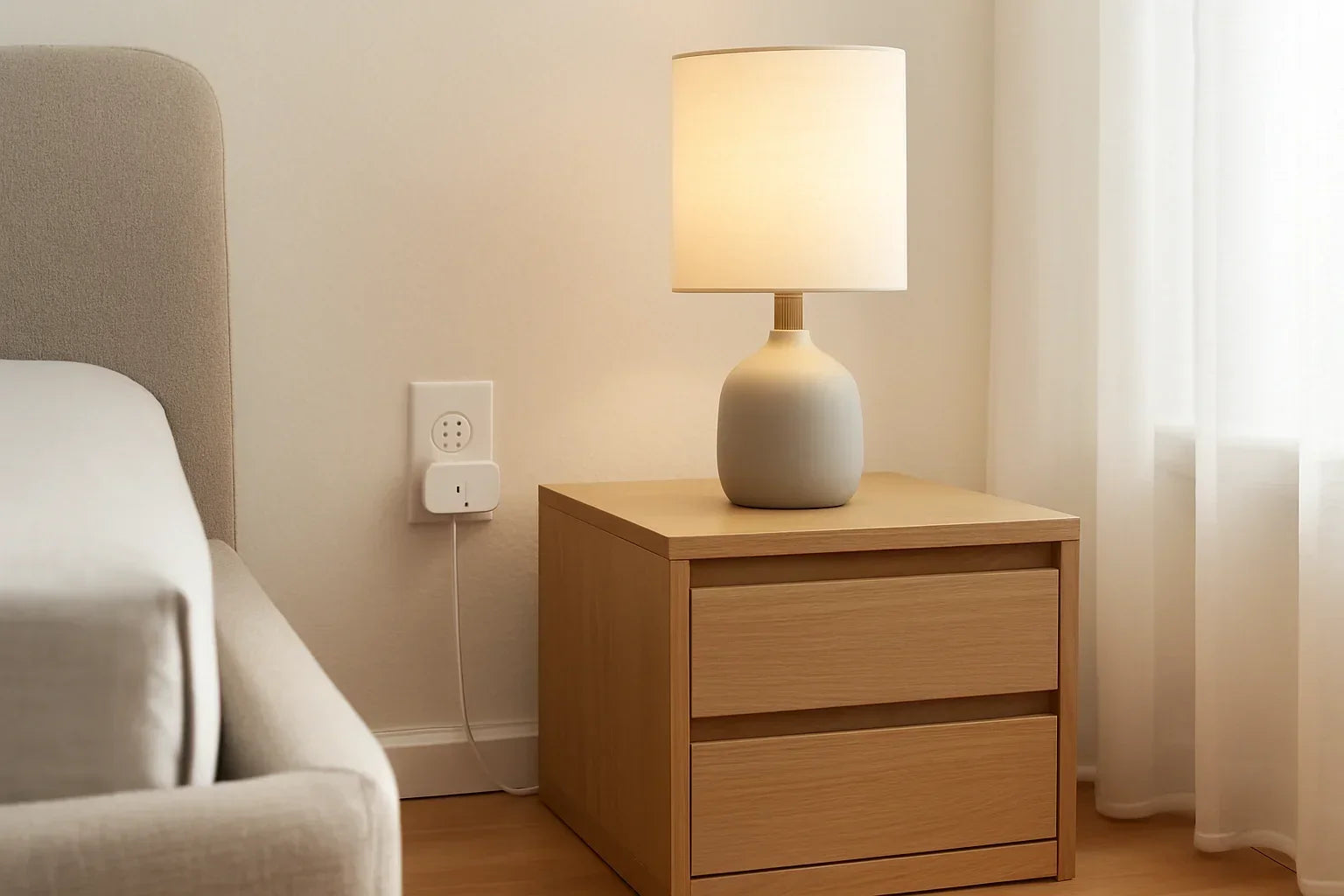WiFi smart plug in a modern home controlling a hard-to-reach lamp