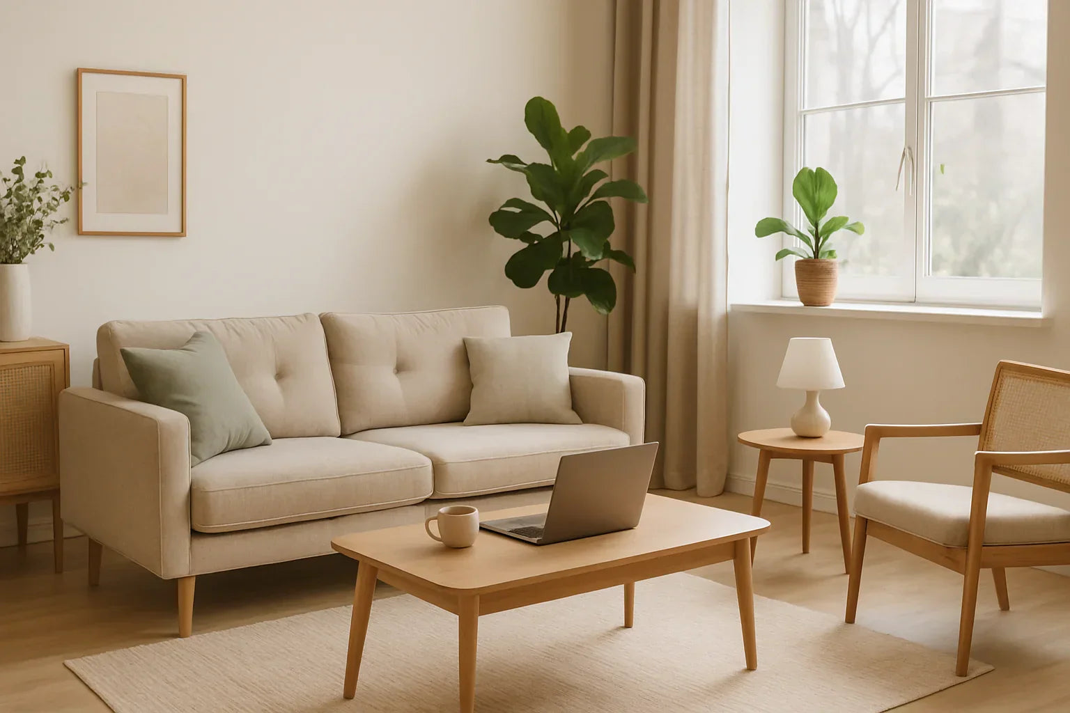 Modern living room with natural light and tidy decor, representing a secure home environment.