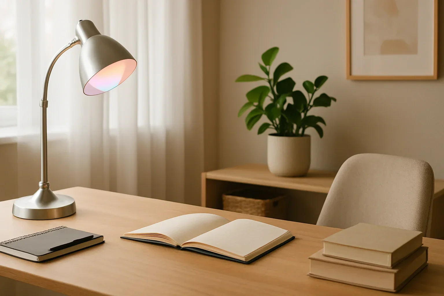Modern home office with smart LED bulb in a desk lamp, naturally lit and neatly organized.