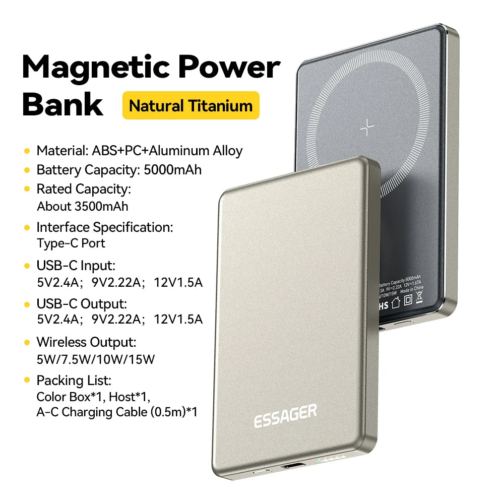 Essager 5,000mAh Slim Magnetic Wireless Power Bank – 20W USB-C Fast Charger