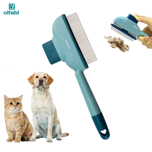 Pet Flea Comb for Dogs & Cats – Stainless Steel 57 Teeth Deshedding Grooming Brush with Self-Cleaning Button