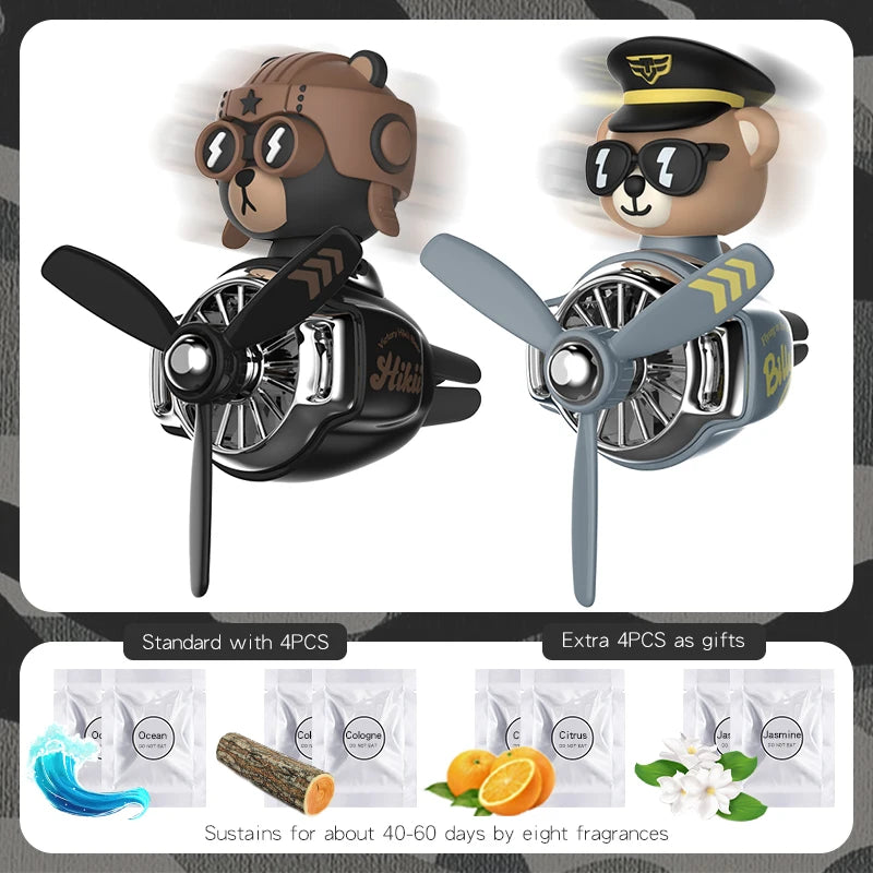 Pilot Bear Airplane Car Air Freshener – Rotating Propeller Vent Clip With Ocean Fragrance Tablet