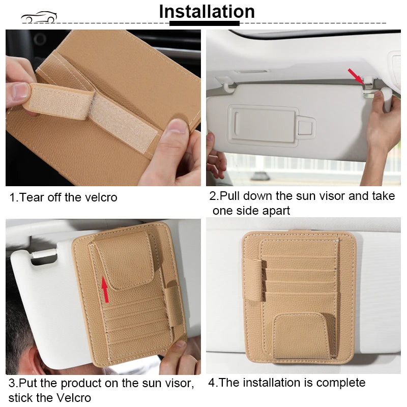 Car Sun Visor Storage Organizer – PU Leather Sunglasses Holder & Card Clip (12.5x15cm)