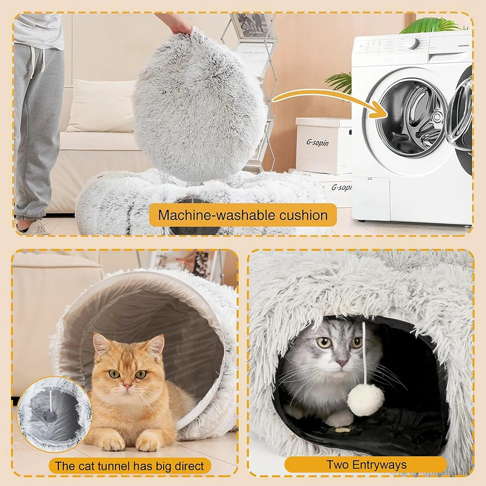 2-In-1 Plush Cat Tunnel Bed – Foldable Warm Round Hideaway Nest