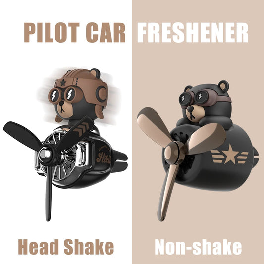 Pilot Bear Airplane Car Air Freshener – Rotating Propeller Vent Clip With Ocean Fragrance Tablet