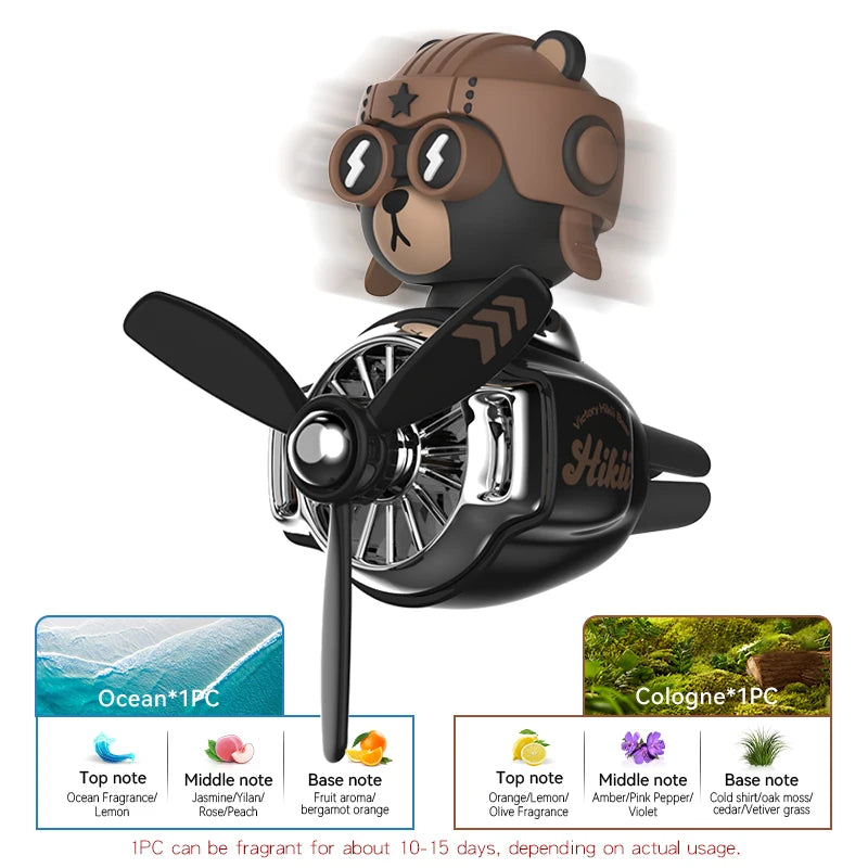 Pilot Bear Airplane Car Air Freshener – Rotating Propeller Vent Clip With Ocean Fragrance Tablet
