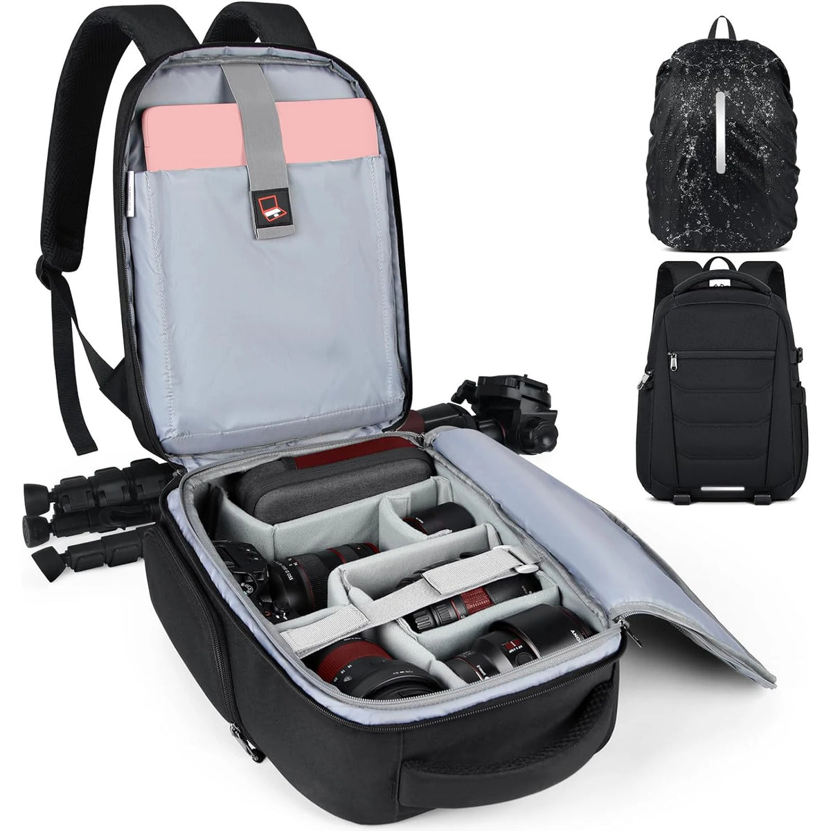 Camera Backpack With Laptop Storage and Rain Cover – Padded Photography Bag, M/L