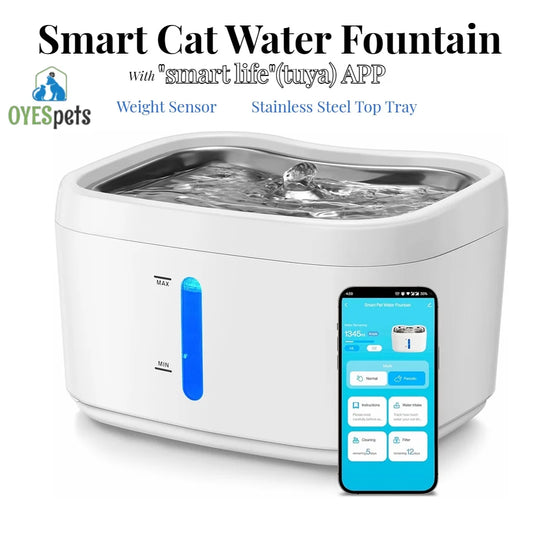 OYES Smart Cat Water Fountain with App Control – 2.5L/84oz Automatic Pet Water Dispenser with Weight Sensor & Stainless Steel Tray