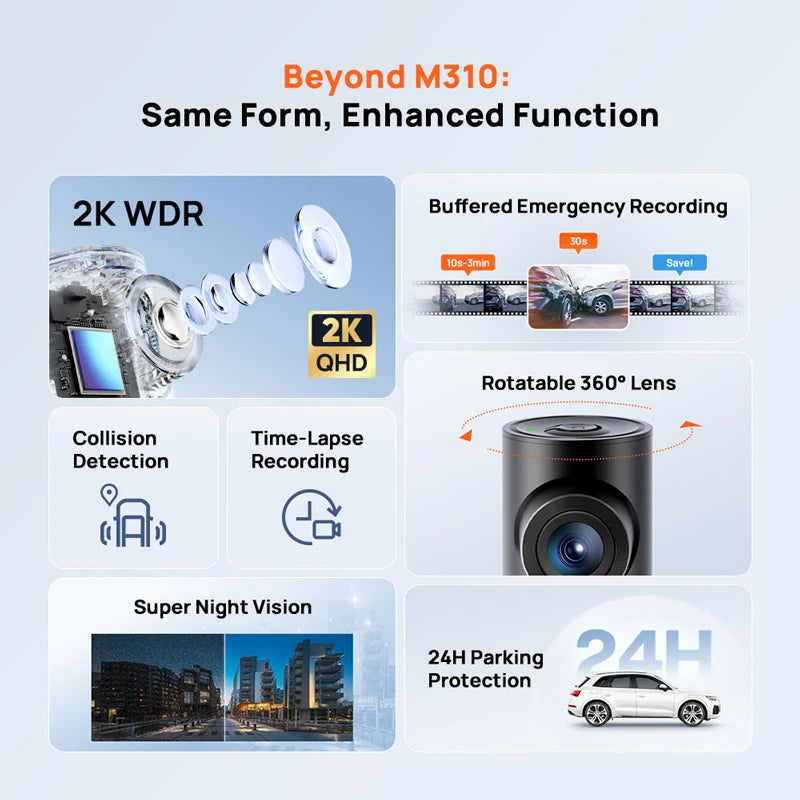 70mai M310 Plus 2K Dash Cam – Wi-Fi, Voice Control, Night Vision & Optional 24H Parking Guard
