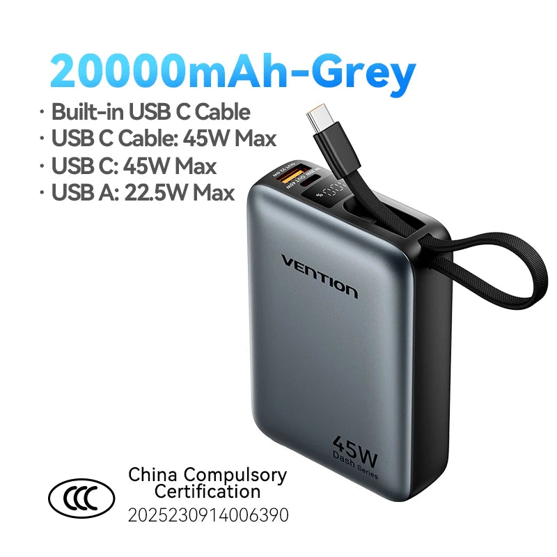 Vention 20,000mAh 45W Power Bank With Built-In USB-C Cable – PD 3.0 Fast Charger