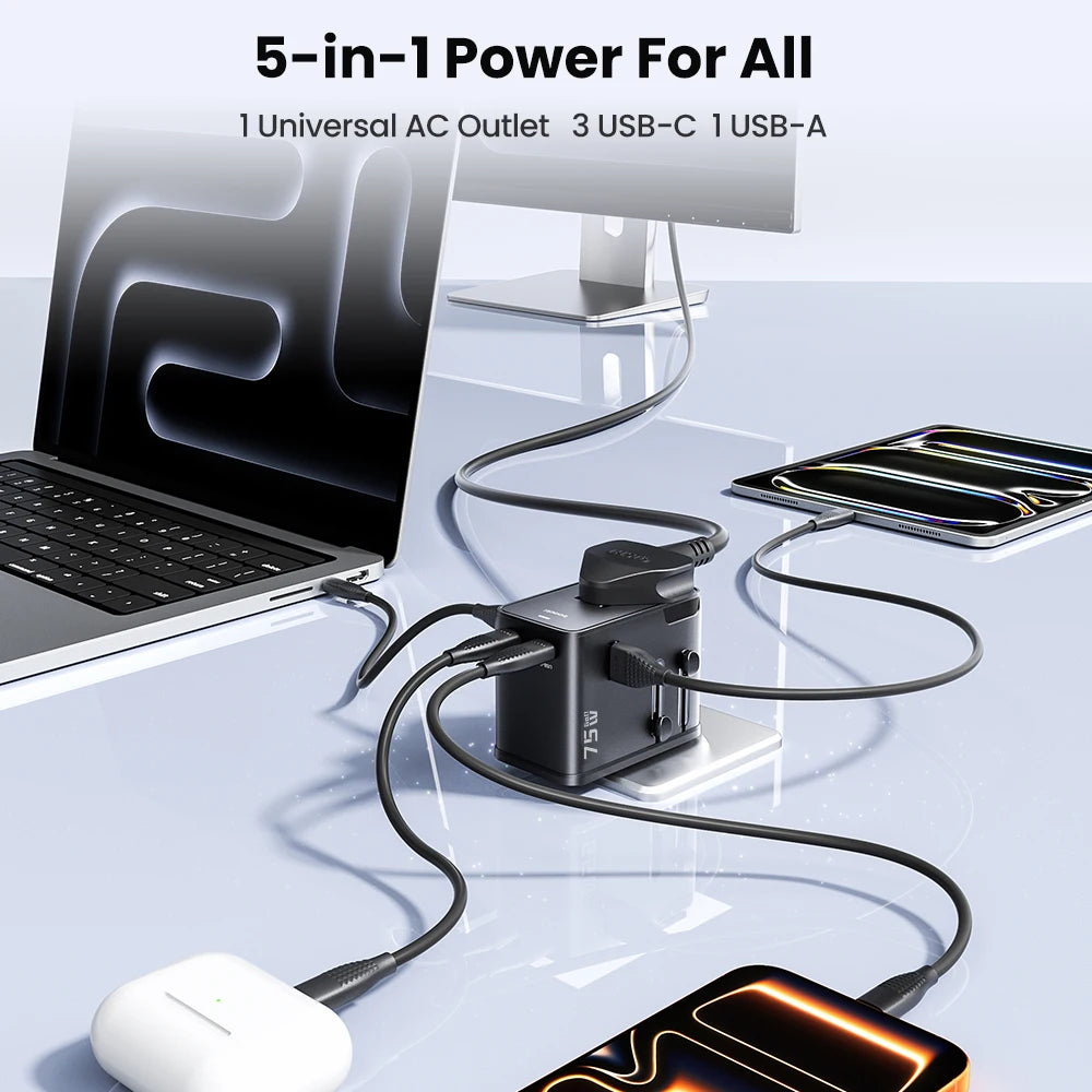 75W GaN Universal Travel Adapter – 3 USB-C, USB-A & AC Outlet for US, UK, EU and Australia