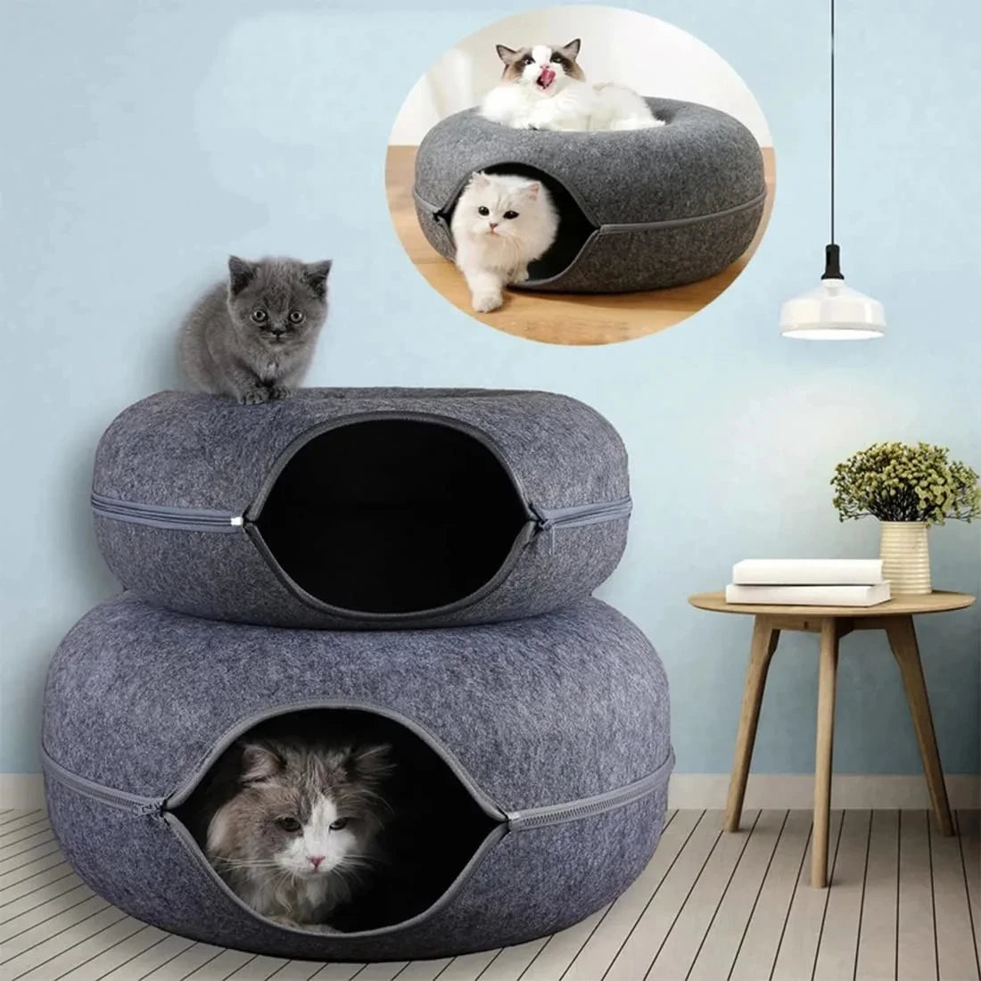 Round Felt Cat Tunnel Bed & Scratcher – Interactive Donut Nest For Kittens