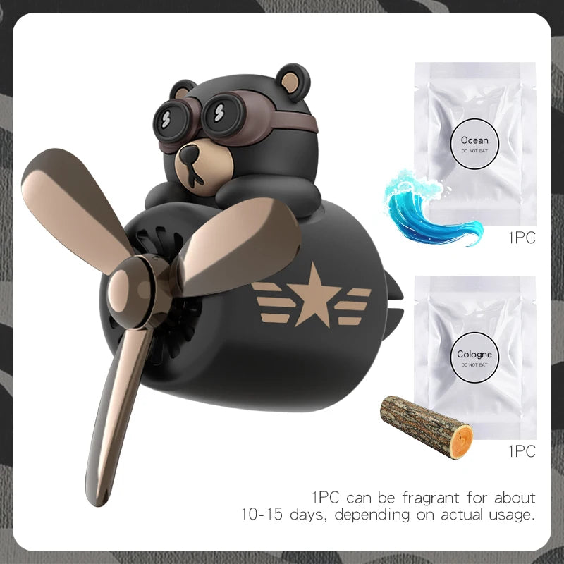 Pilot Bear Airplane Car Air Freshener – Rotating Propeller Vent Clip With Ocean Fragrance Tablet