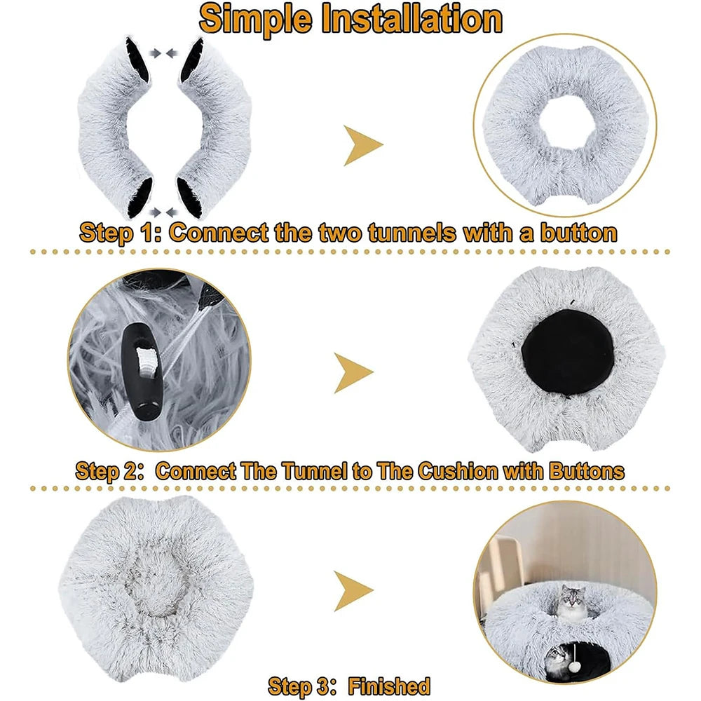2-In-1 Plush Cat Tunnel Bed – Foldable Warm Round Hideaway Nest