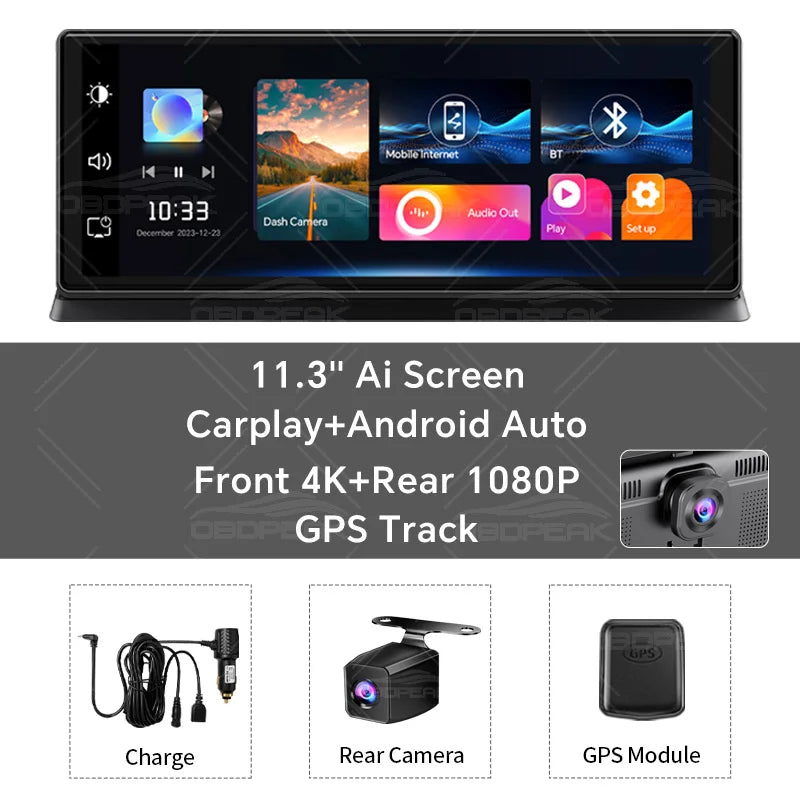 OBDPEAK K2 Pro 11.3″ Wireless CarPlay & Android Auto Screen – 4K Dual Dash Cam With GPS Navigation