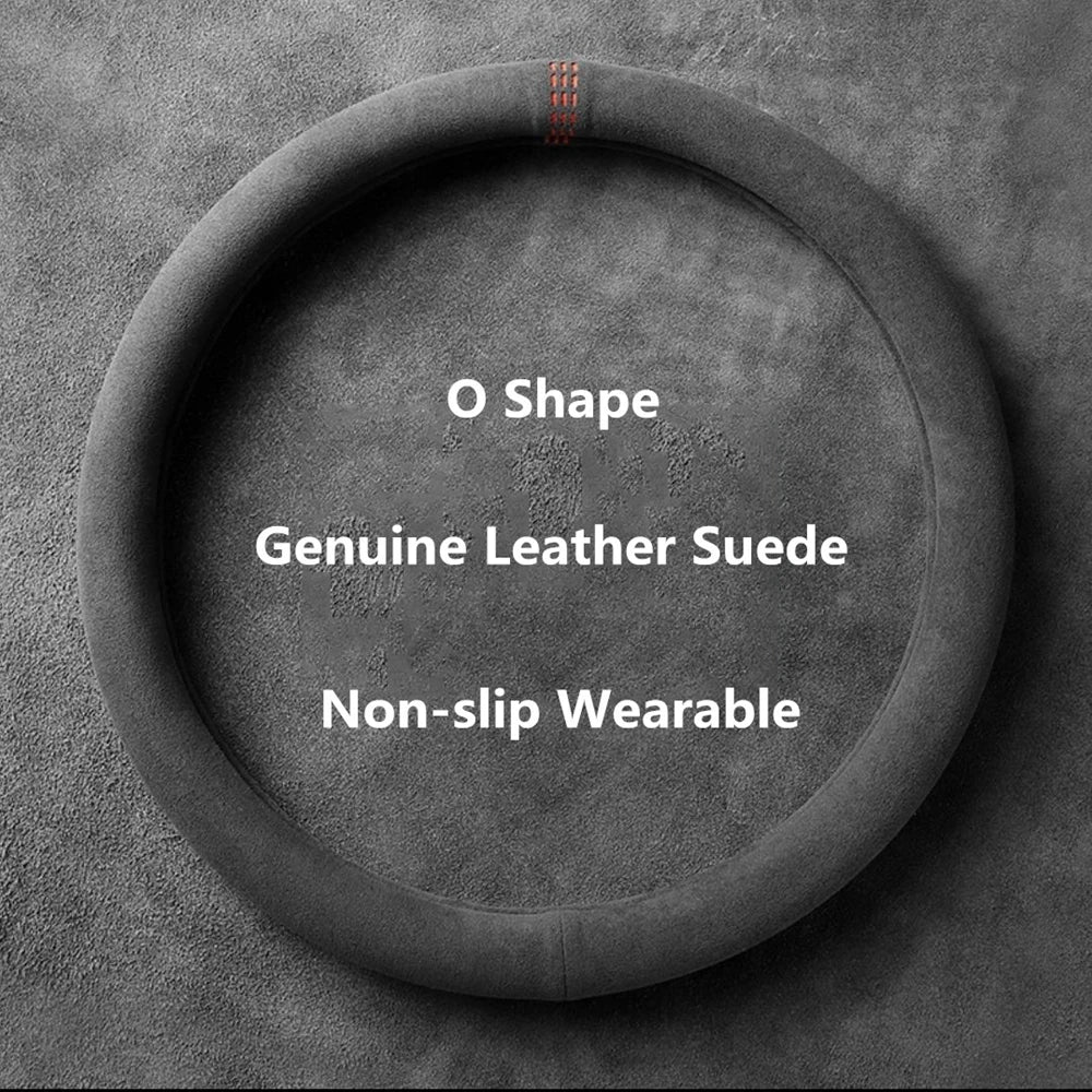 Cowhide Suede Steering Wheel Cover – Top Layer Leather Wrap Universal 37–38cm Non-Slip & Breathable