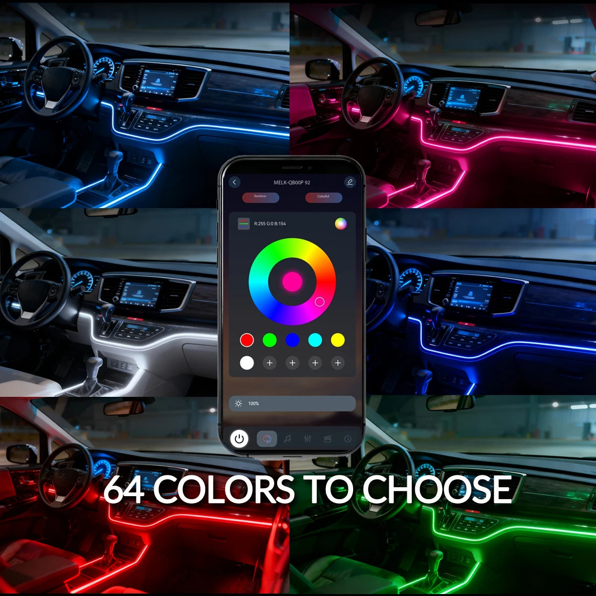 WUMFIRE 18-in-1 RGB Car Interior Ambient Light Kit – 64-Color App-Controlled Hidden Acrylic LED Strips