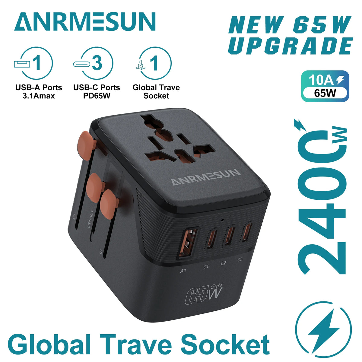 Universal International Travel Adapter – 1 AC Outlet, 2 USB-C & 2 USB-A Charging Ports - Goodify Mart