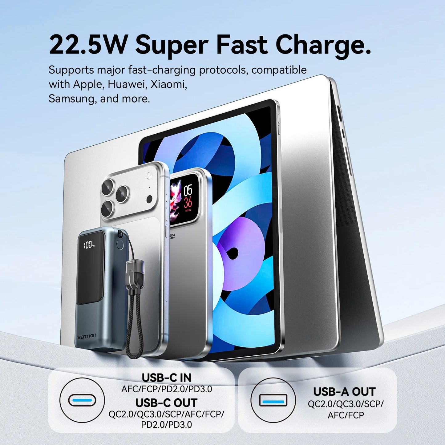 Vention 10,000mAh Mini Power Bank With Built-In USB-C Cable – 22.5W Fast Charger