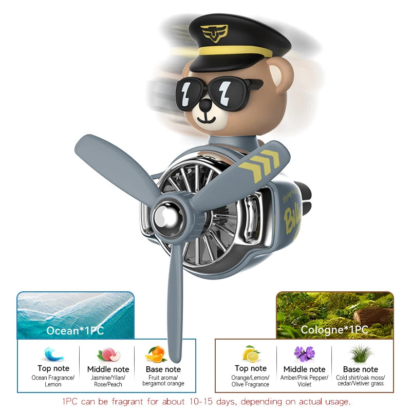 Pilot Bear Airplane Car Air Freshener – Rotating Propeller Vent Clip With Ocean Fragrance Tablet