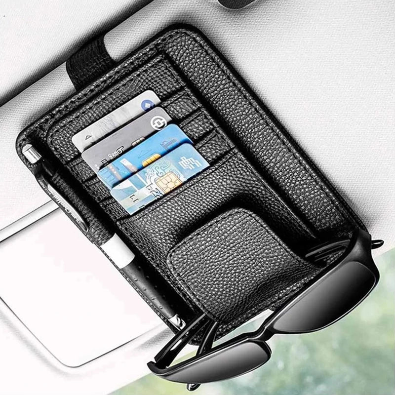 Car Sun Visor Storage Organizer – PU Leather Sunglasses Holder & Card Clip (12.5x15cm)