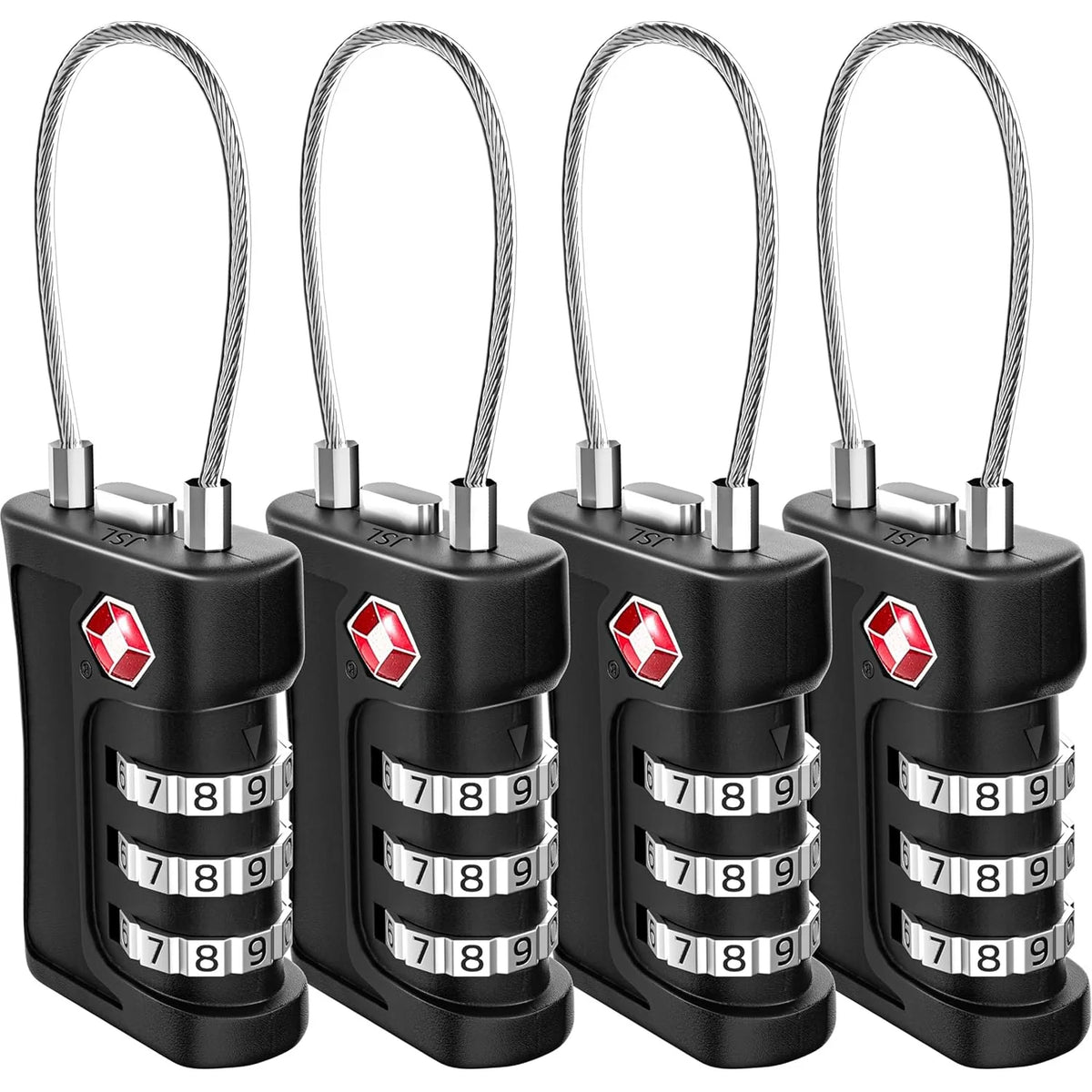 4-Pack 3-Digit Combination Luggage Locks – Resettable Black Travel Padlocks