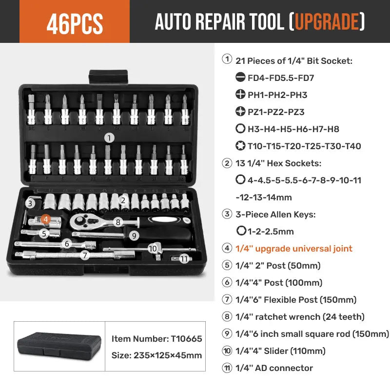 Hi-Spec 22/46-Piece Socket Wrench Set – 1/4 & 3/8-Inch Drive Ratchet Tool Kit