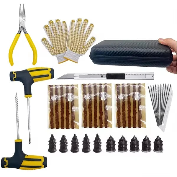 Emergency Tubeless Tire Repair Kit With T-Handle Plug Tools, Repair Strips & Storage Case