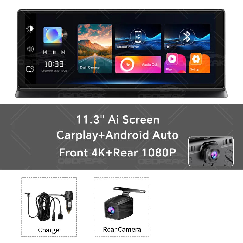 OBDPEAK K2 Pro 11.3″ Wireless CarPlay & Android Auto Screen – 4K Dual Dash Cam With GPS Navigation