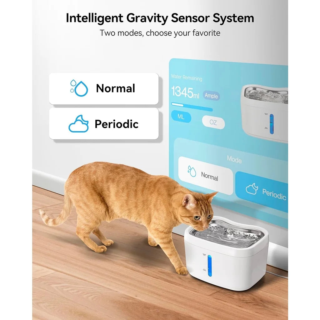 OYES Smart Cat Water Fountain with App Control – 2.5L/84oz Automatic Pet Water Dispenser with Weight Sensor & Stainless Steel Tray