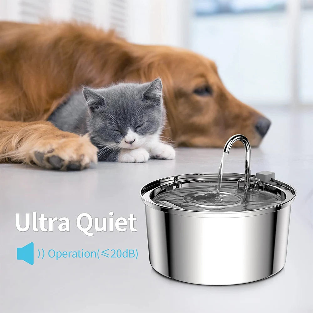 Stainless Steel Cat Water Fountain – 3L USB Electric Pet Water Dispenser with Double Filtration & Ultra-Quiet Pump