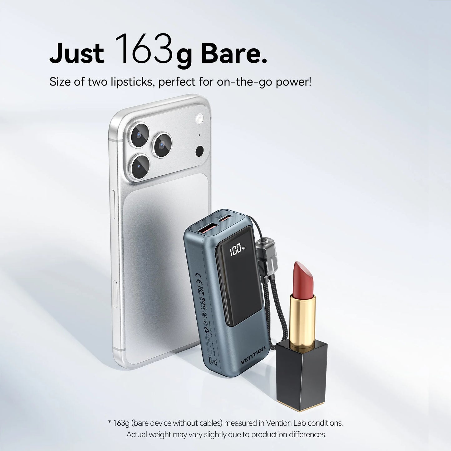 Vention 10,000mAh Mini Power Bank With Built-In USB-C Cable – 22.5W Fast Charger