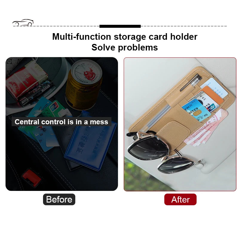 Car Sun Visor Storage Organizer – PU Leather Sunglasses Holder & Card Clip (12.5x15cm)