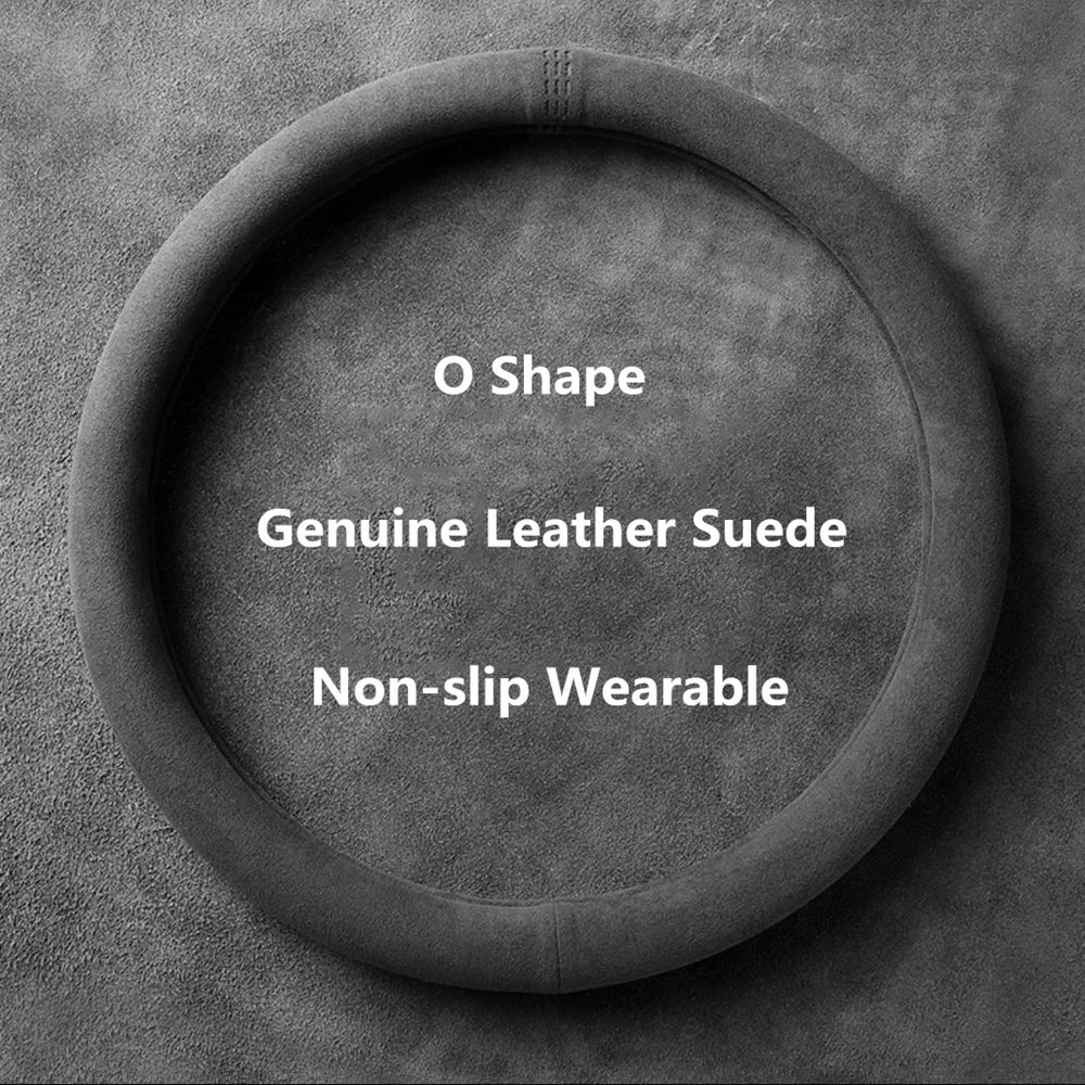 Cowhide Suede Steering Wheel Cover – Top Layer Leather Wrap Universal 37–38cm Non-Slip & Breathable