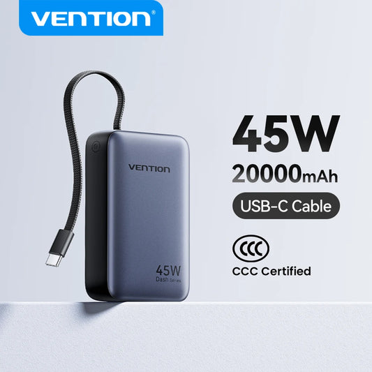 Vention 20,000mAh 45W Power Bank With Built-In USB-C Cable – PD 3.0 Fast Charger
