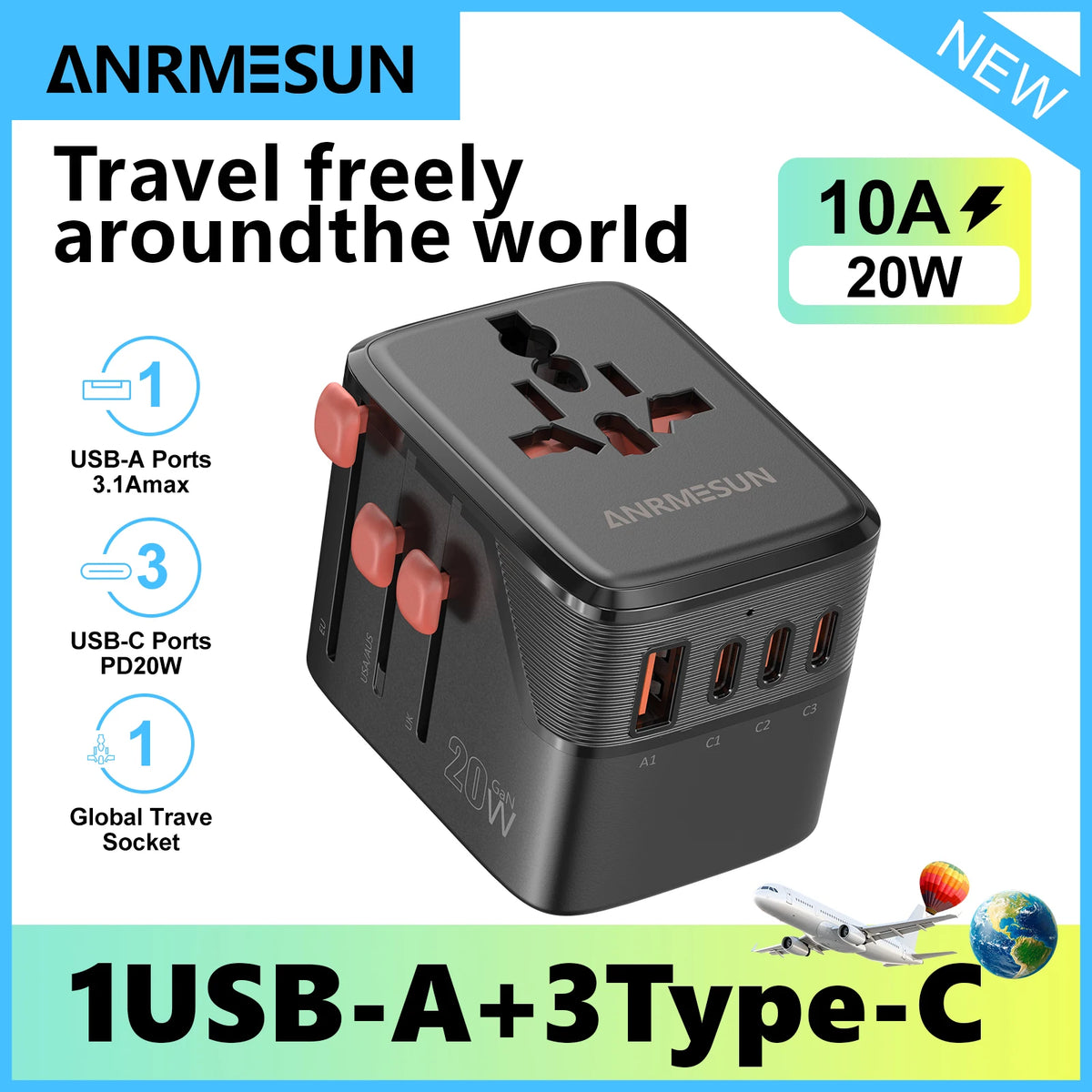 Universal International Travel Adapter – 1 AC Outlet, 2 USB-C & 2 USB-A Charging Ports - Goodify Mart