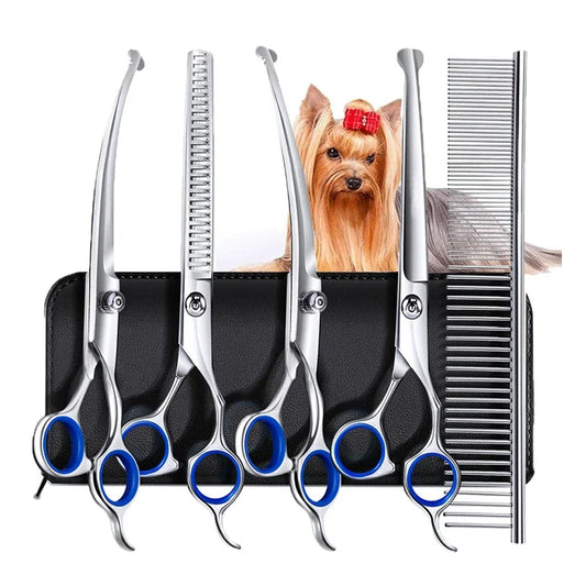 5PCS Pet Grooming Scissors Set – Stainless Steel Dog & Cat Hair Cutting Kit with Safety Round Tips