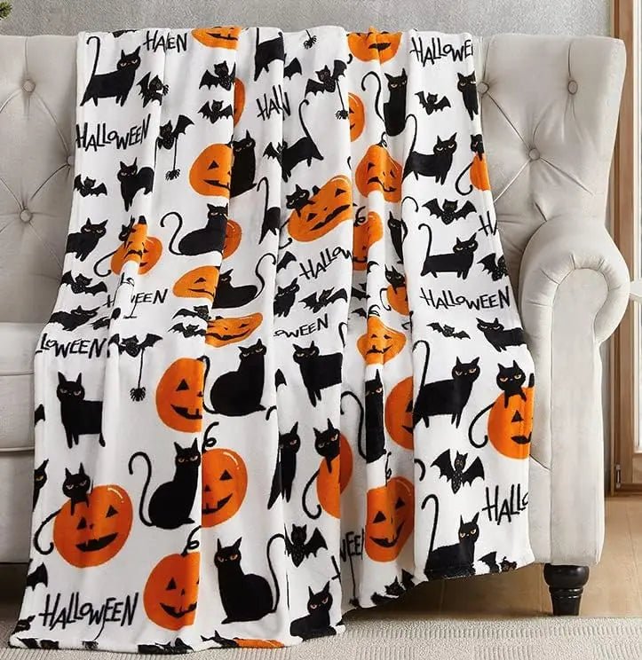 Black Bat Print Flannel Blanket – Soft Halloween Throw for Sofa, Bed and Travel - Goodify Mart