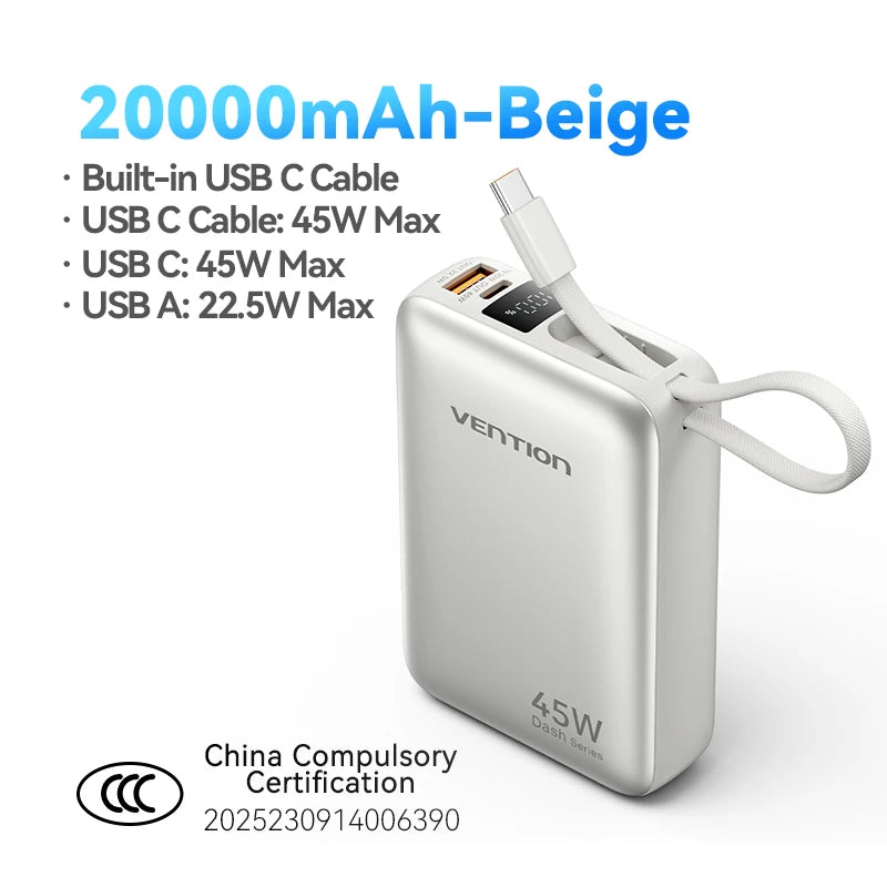 Vention 20,000mAh 45W Power Bank With Built-In USB-C Cable – PD 3.0 Fast Charger