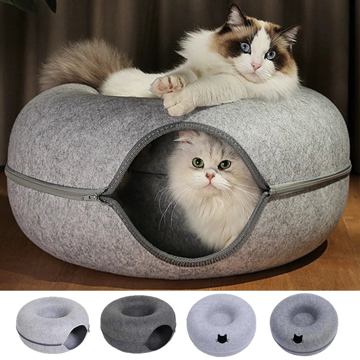 Round Felt Cat Tunnel Bed & Scratcher – Interactive Donut Nest For Kittens