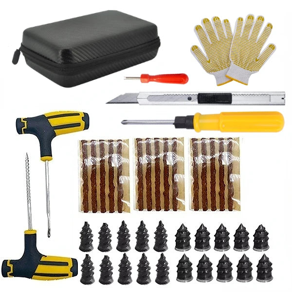 Emergency Tubeless Tire Repair Kit With T-Handle Plug Tools, Repair Strips & Storage Case
