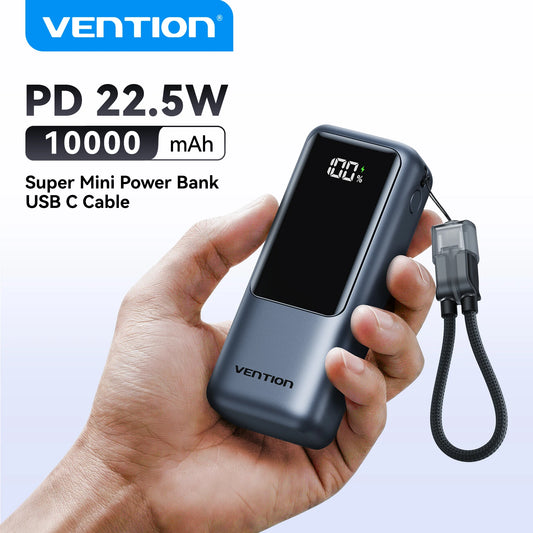Vention 10,000mAh Mini Power Bank With Built-In USB-C Cable – 22.5W Fast Charger