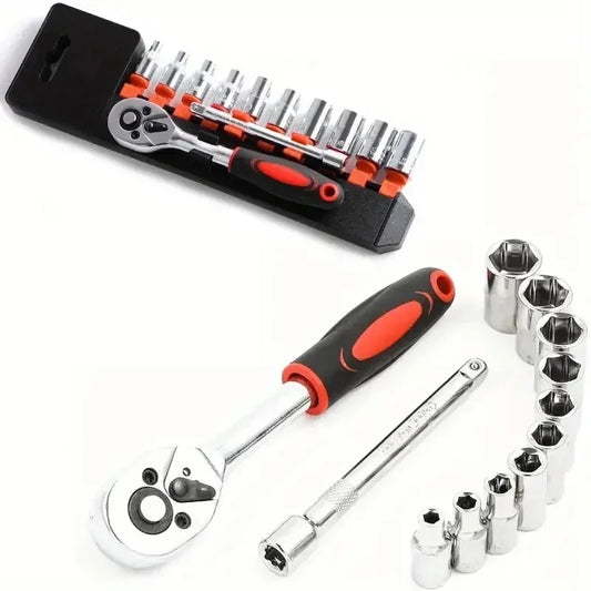 12-Piece Compact Ratchet Socket Set – Chrome Vanadium Repair Tool Kit for Cars, Motorcycles & Bicycles