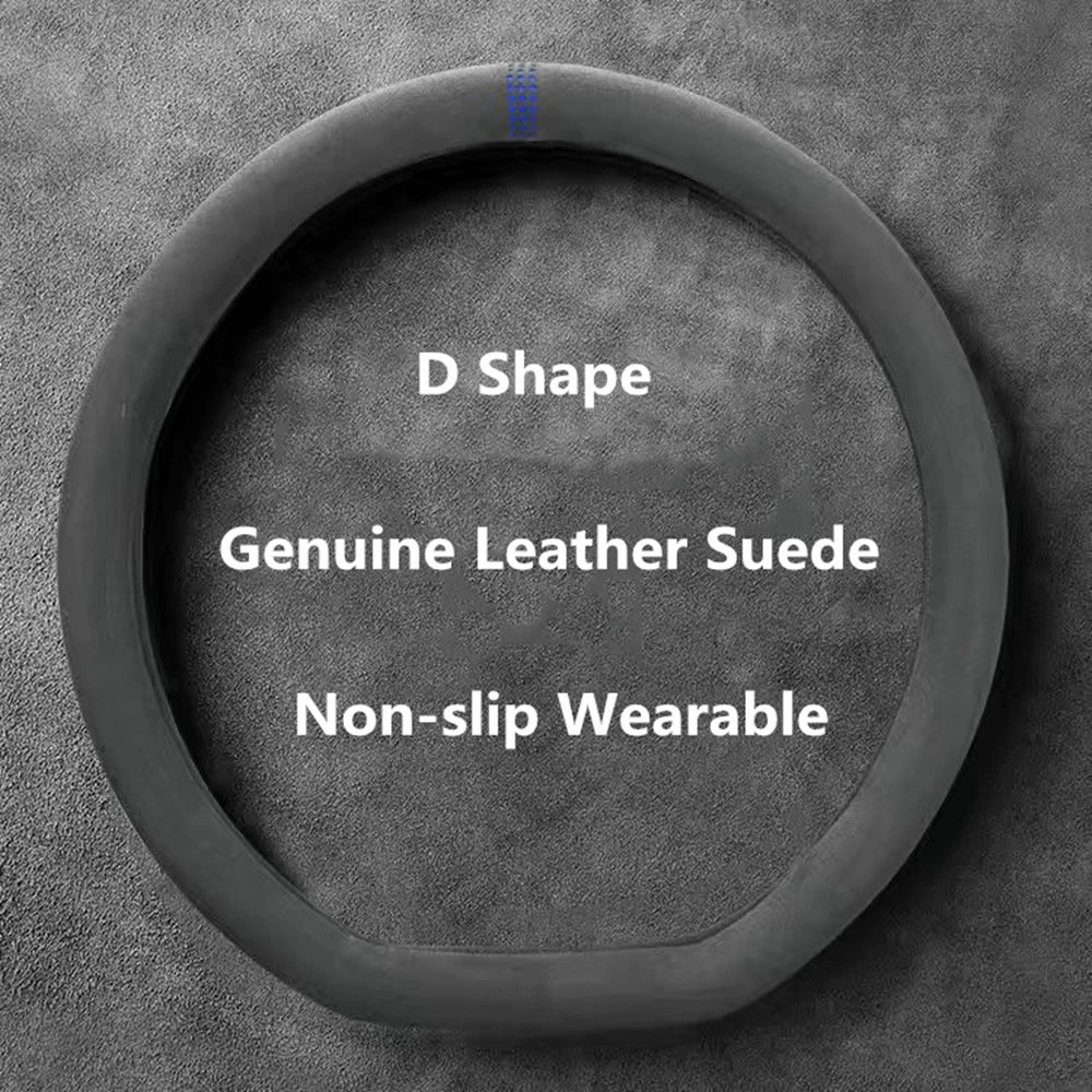 Cowhide Suede Steering Wheel Cover – Top Layer Leather Wrap Universal 37–38cm Non-Slip & Breathable