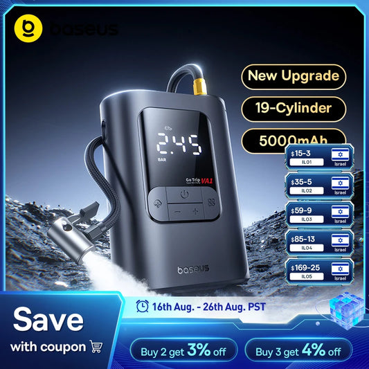 Baseus Cordless Tire Inflator – Digital LCD Air Compressor for Cars, Motorcycles, Bikes and Balls