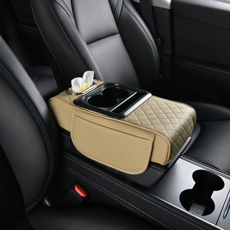 5-in-1 Car Armrest Organizer & Height Cushion – Tissue Box, Cup Holder & Storage Pocket