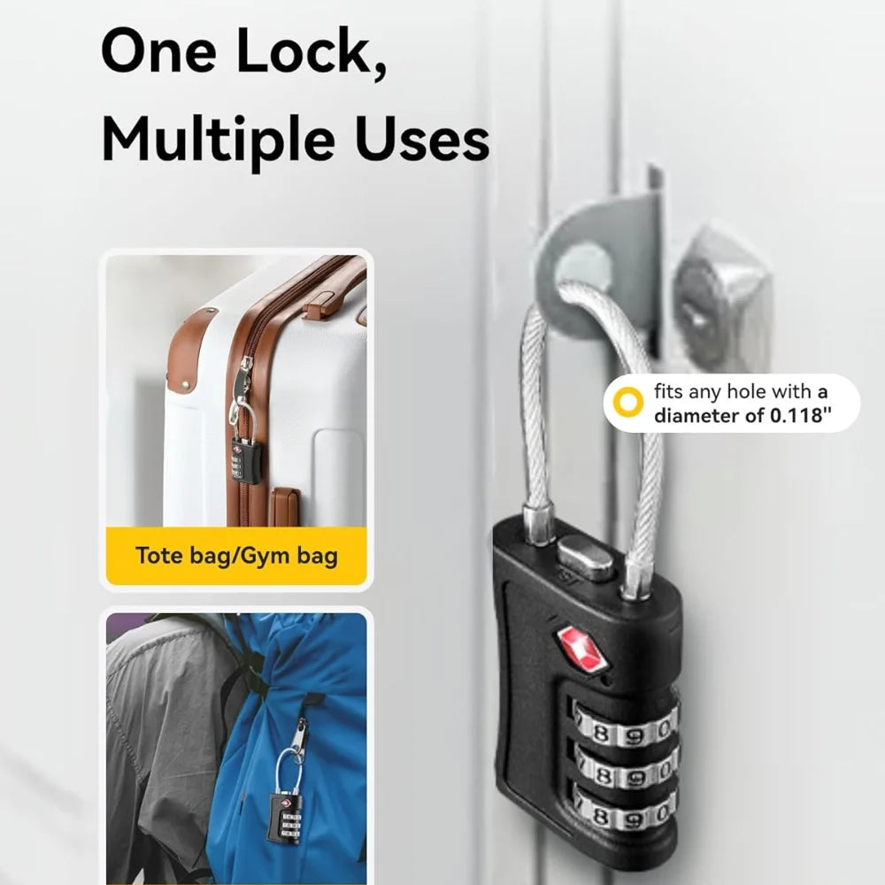 4-Pack 3-Digit Combination Luggage Locks – Resettable Black Travel Padlocks