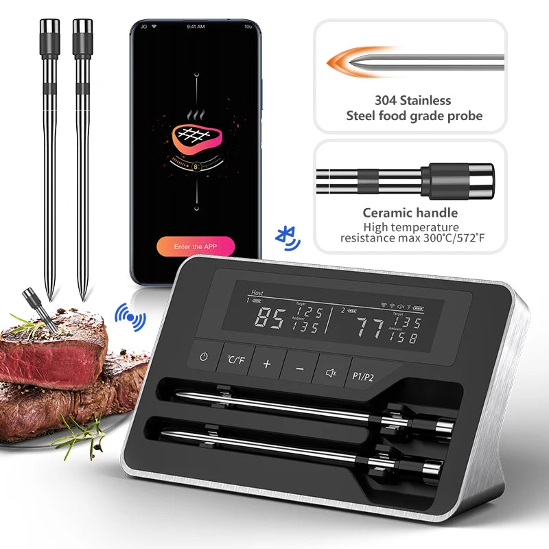 Smart Wireless Meat Thermometer with Bluetooth – Ultra-Thin 5mm Probe & Large LCD Display for BBQ, Grill & Oven