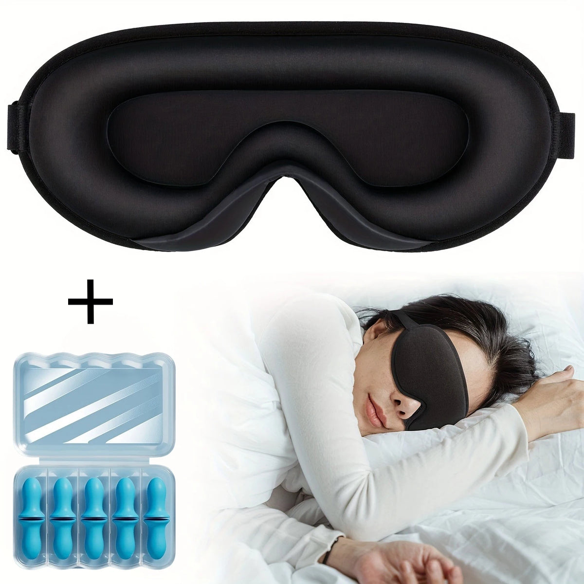 3D Cotton Blackout Sleep Mask With Earplugs – Eyelash-Friendly Adjustable Travel Eye Mask