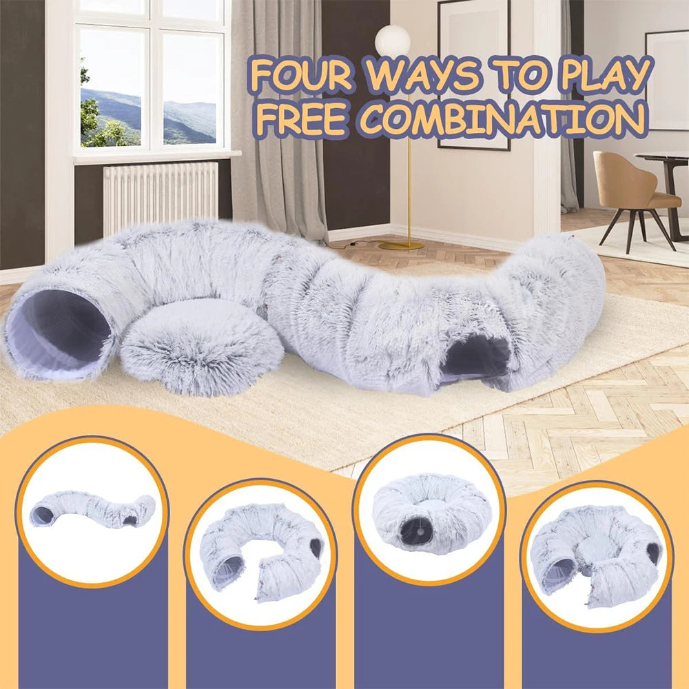 2-In-1 Plush Cat Tunnel Bed – Foldable Warm Round Hideaway Nest